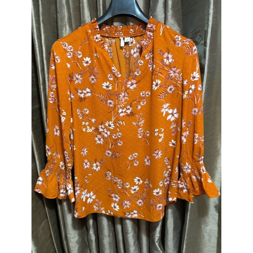 Cato Rust Floral V-Neck Ruffle Sleeve Blouse #1981